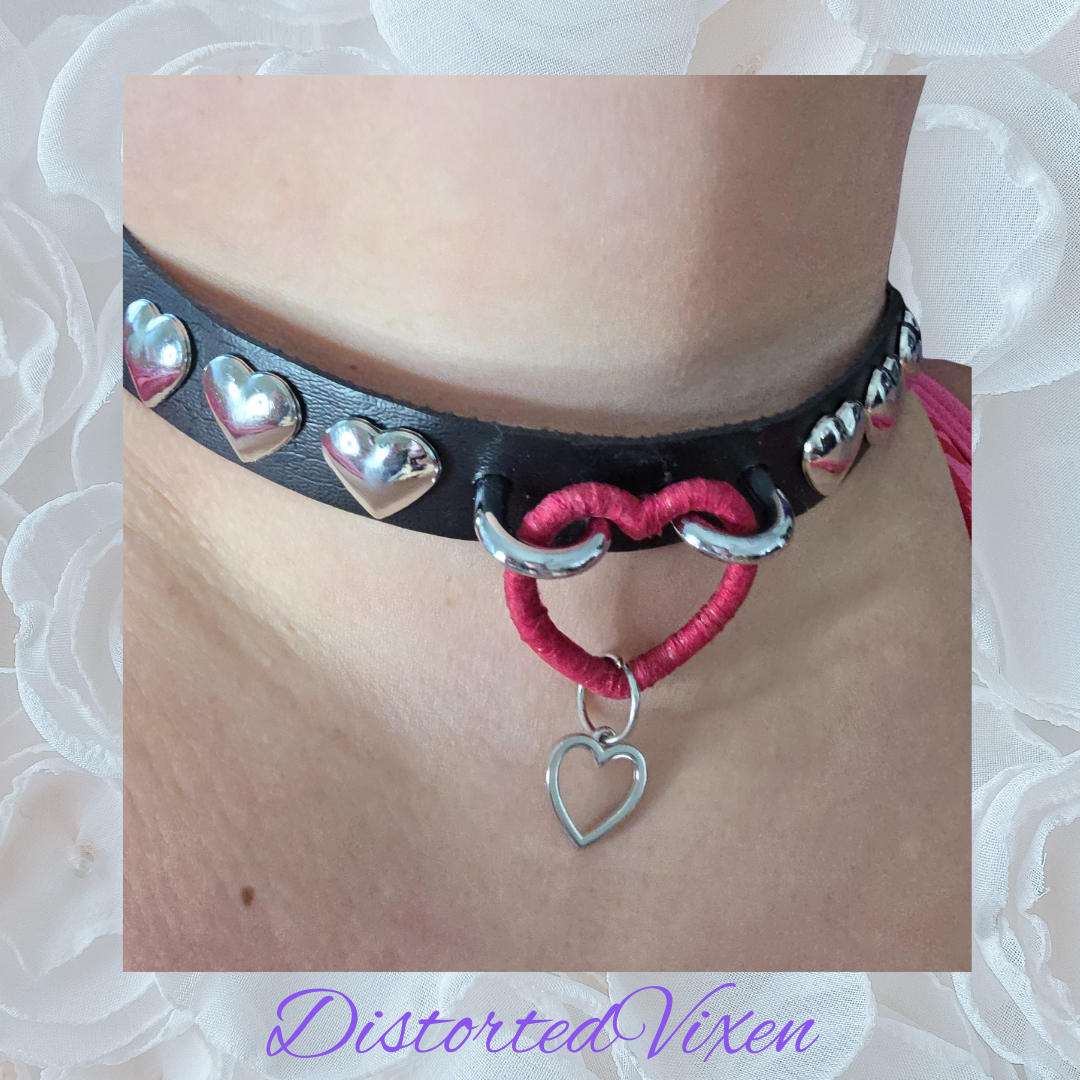 Black Heart Choker Necklace – Gothic Faux Leather Collar with Red Heart Ring & Silver Heart Studs | Alternative Valentine Jewelry