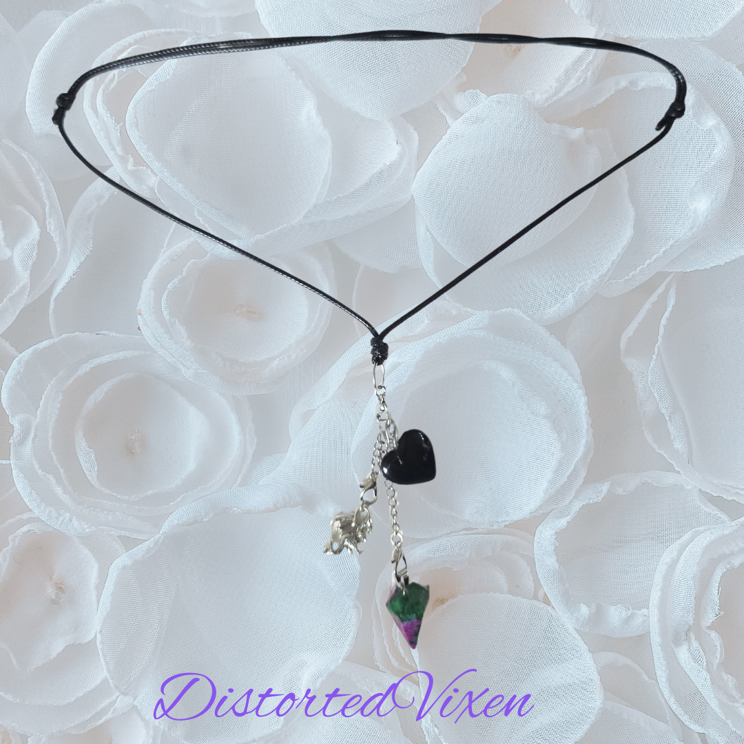 Black Obsidian Heart & Ruby Zoisite Pendulum Necklace – Interchangeable Dragon Charm Jewelry, Gothic Crystal Necklace