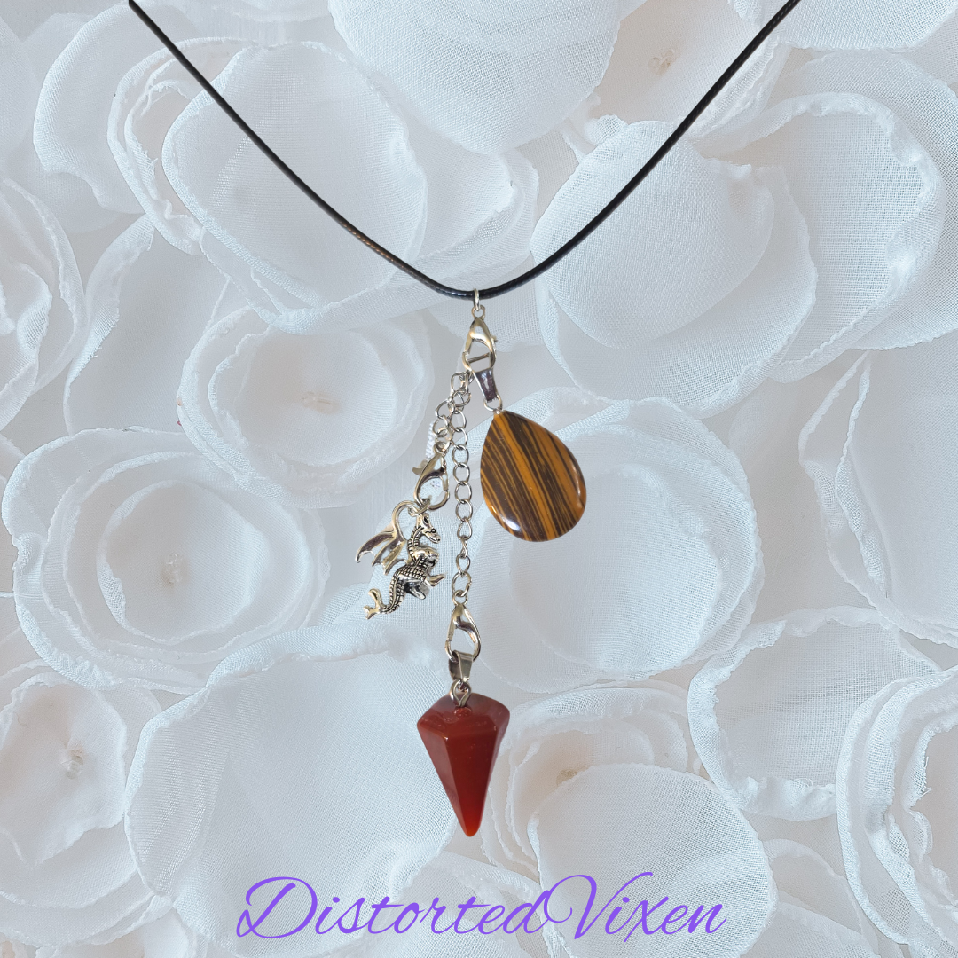 Red Jasper Pendulum & Tiger’s Eye Necklace, Interchangeable Charm Necklace with Dragon Charm