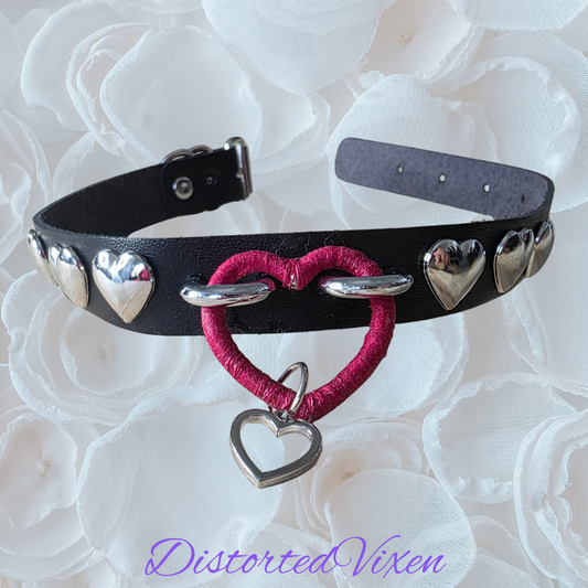 Black Heart Choker Necklace – Gothic Faux Leather Collar with Red Heart Ring & Silver Heart Studs | Alternative Valentine Jewelry