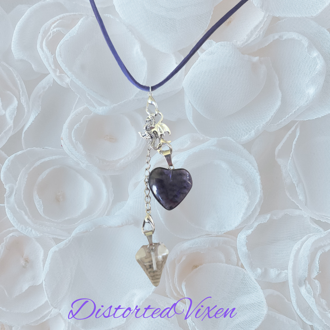 Navy Blue Glass Heart & Clear Glass Pendulum Necklace – Interchangeable Dragon Charm, Modular Gothic Jewelry