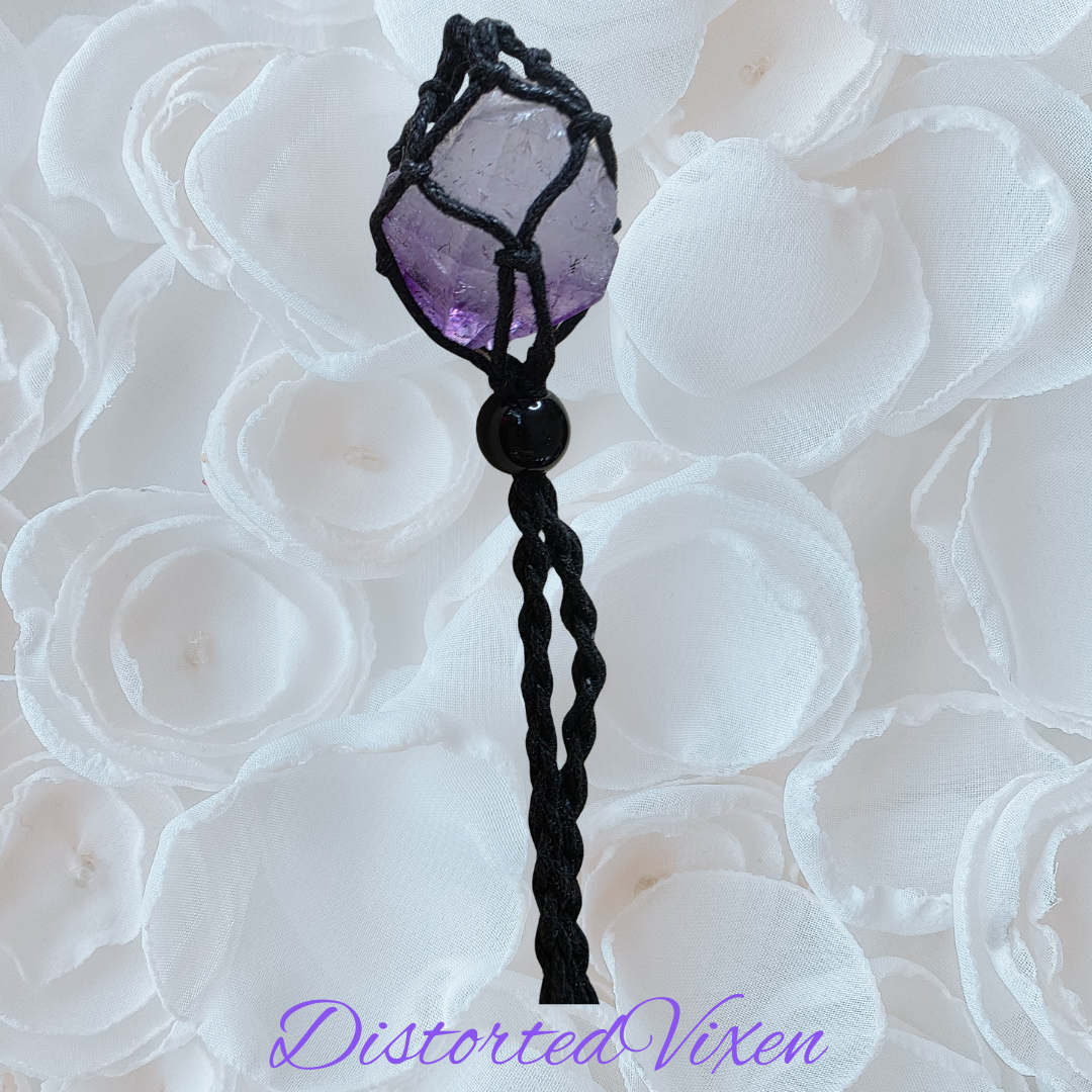 Amethyst Crystal Necklace – Adjustable Macramé Pouch – Healing & Intuition Jewelry