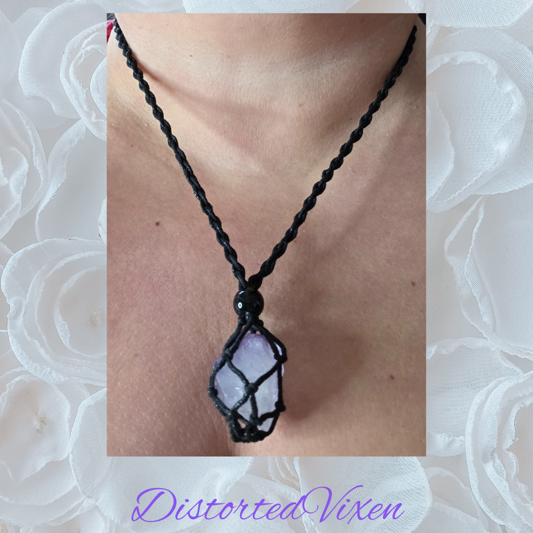 Amethyst Crystal Necklace – Adjustable Macramé Pouch – Healing & Intuition Jewelry