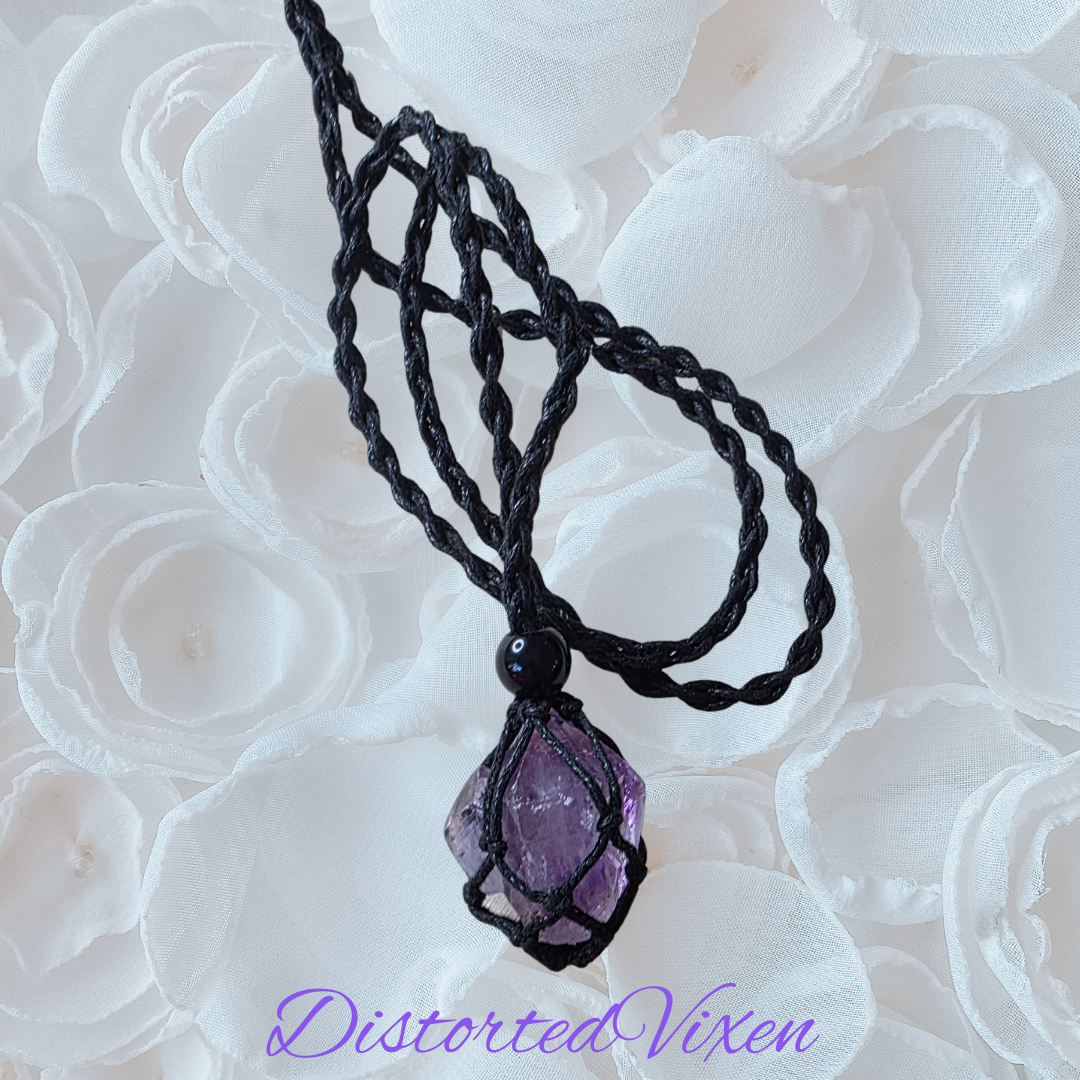Amethyst Crystal Necklace – Adjustable Macramé Pouch – Healing & Intuition Jewelry