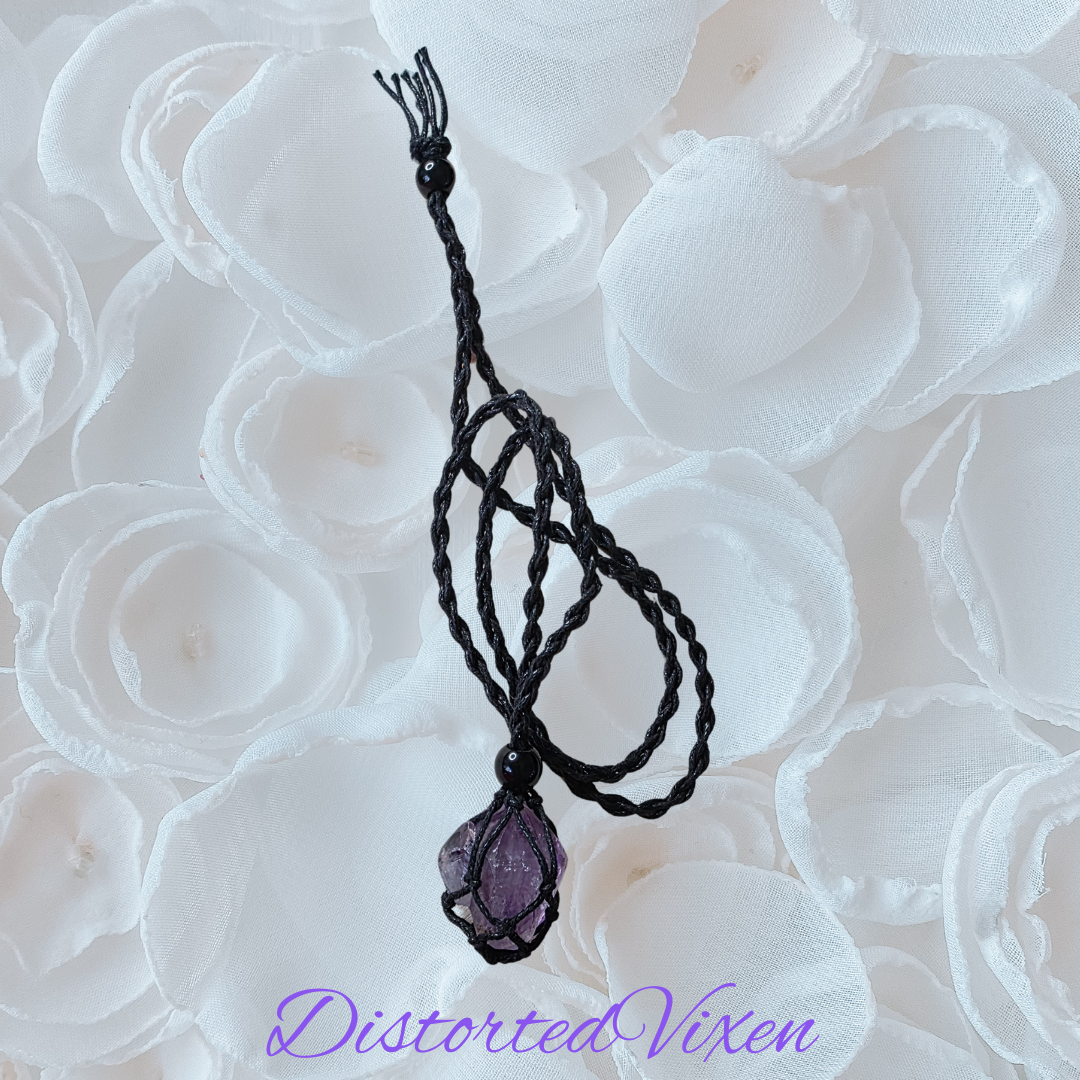 Amethyst Crystal Necklace – Adjustable Macramé Pouch – Healing & Intuition Jewelry