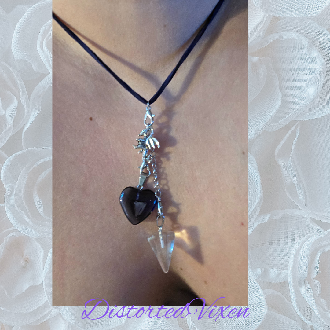 Navy Blue Glass Heart & Clear Glass Pendulum Necklace – Interchangeable Dragon Charm, Modular Gothic Jewelry
