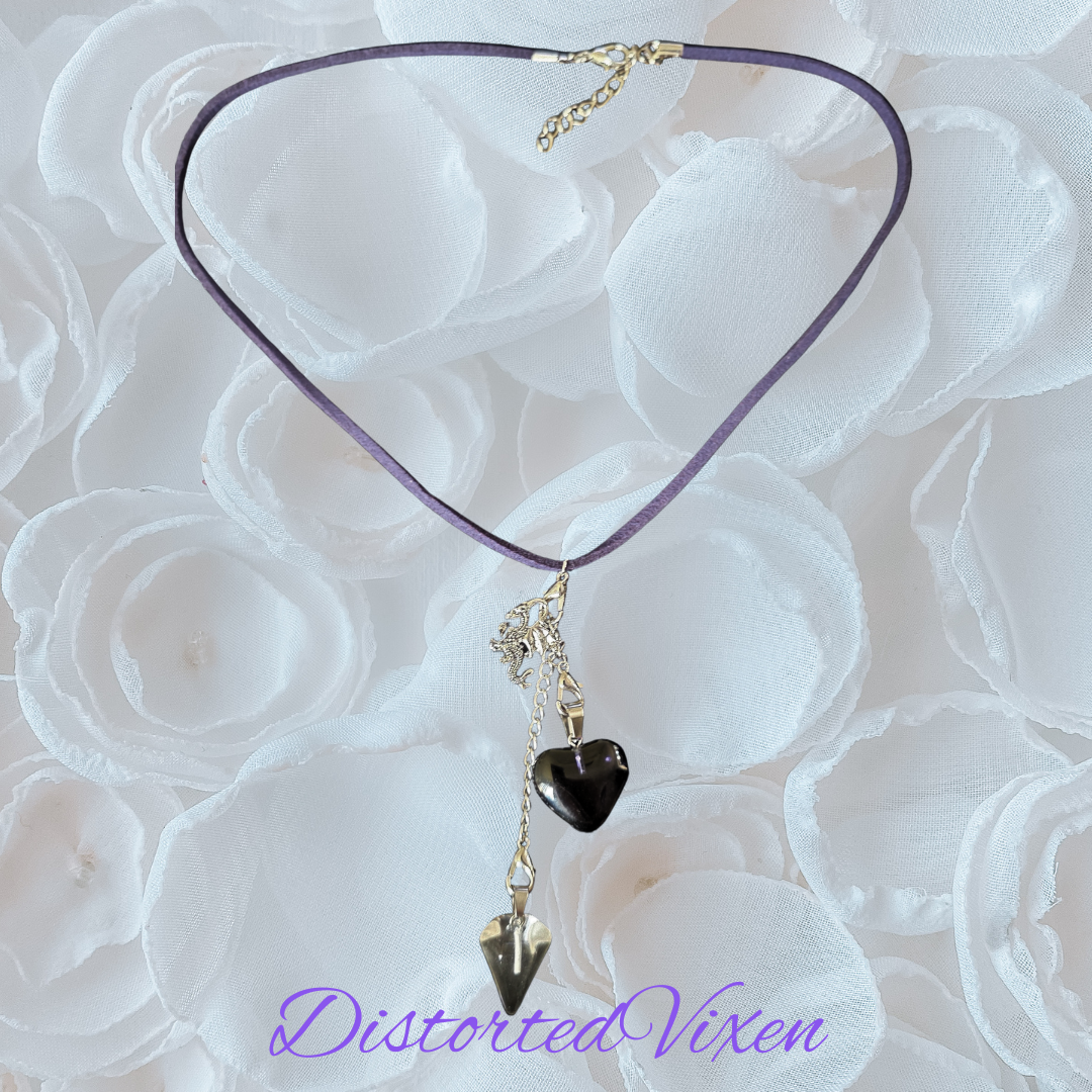 Navy Blue Glass Heart & Clear Glass Pendulum Necklace – Interchangeable Dragon Charm, Modular Gothic Jewelry