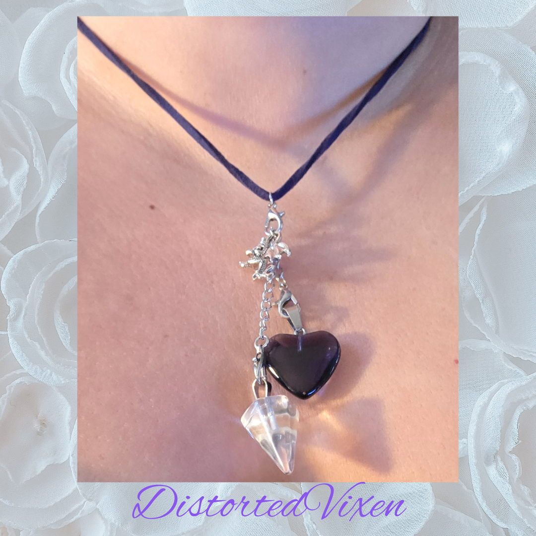 Navy Blue Glass Heart & Clear Glass Pendulum Necklace – Interchangeable Dragon Charm, Modular Gothic Jewelry