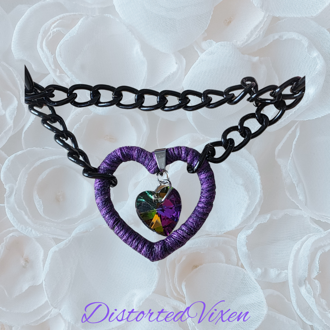 Purple Heart Choker Necklace, Gothic Chain Valentine Choker, Alternative Goth Jewelry