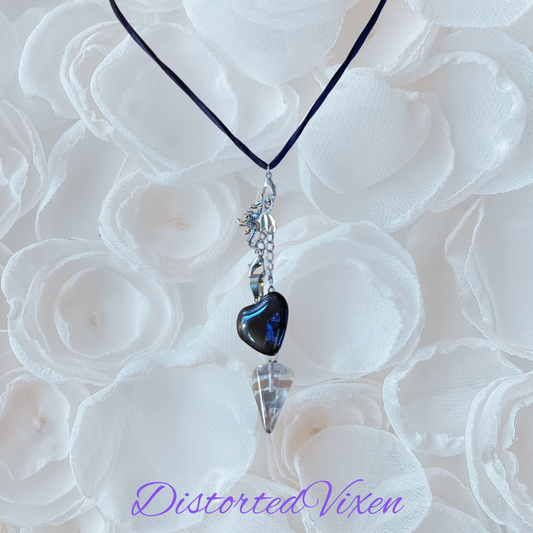 Navy Blue Glass Heart & Clear Glass Pendulum Necklace – Interchangeable Dragon Charm, Modular Gothic Jewelry