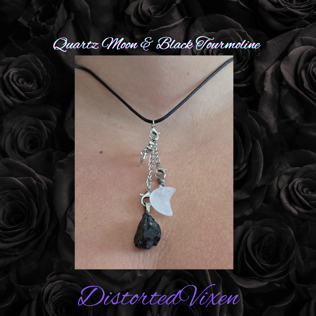 Quartz Moon & Black Tourmaline Necklace | Adjustable Crystal Jewelry by Distorted Vixen