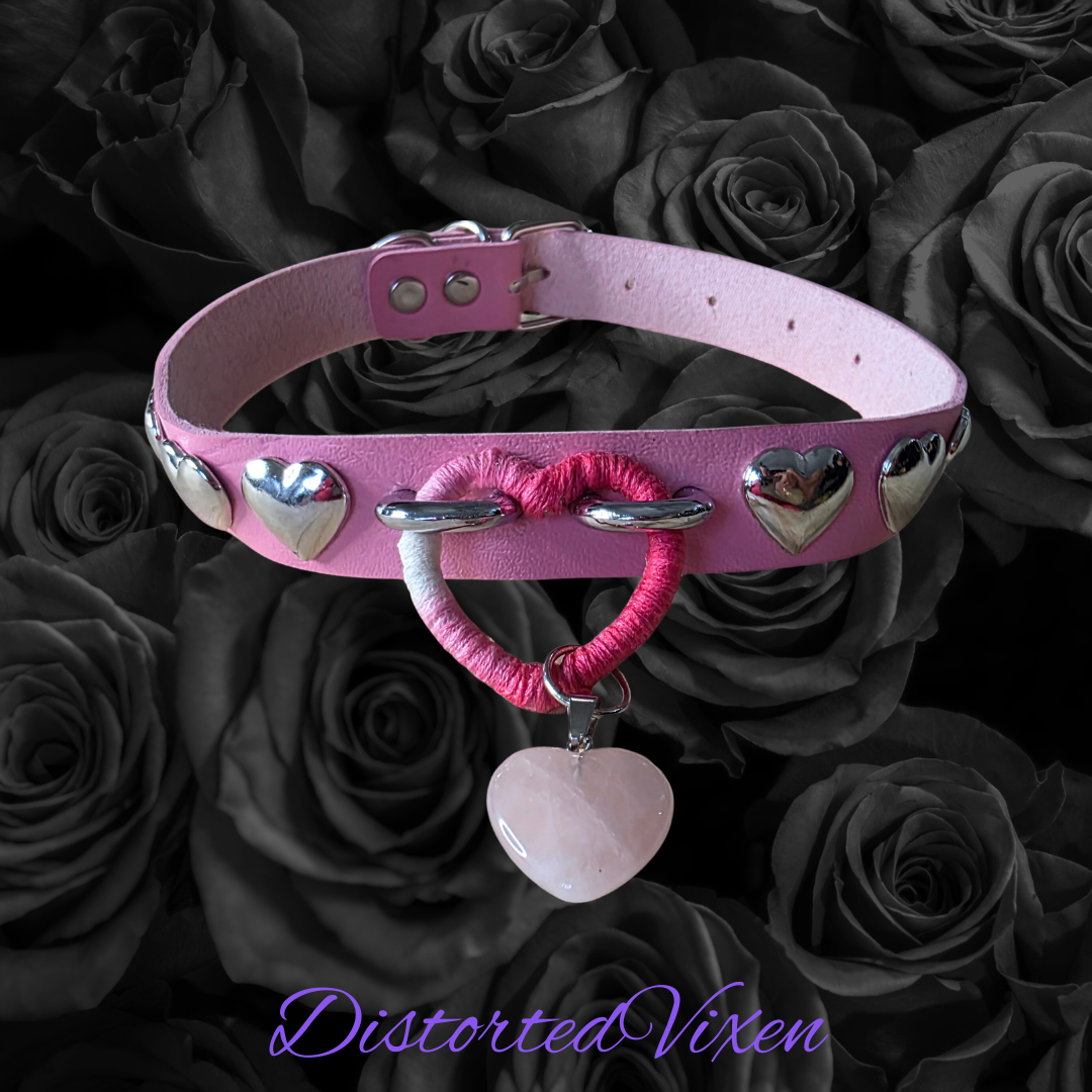 Pink Wrapped Heart Choker – Rose Quartz Charm Collar, Studded Gothic Necklace