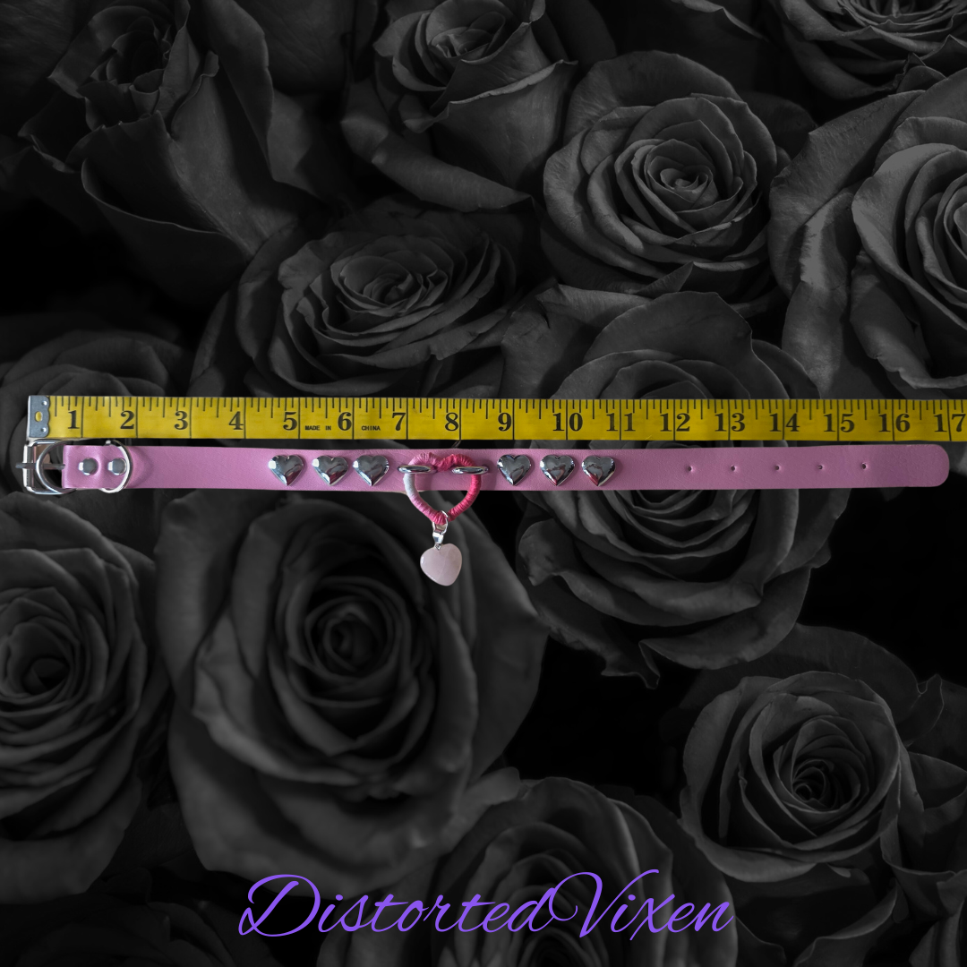 Pink Wrapped Heart Choker – Rose Quartz Charm Collar, Studded Gothic Necklace