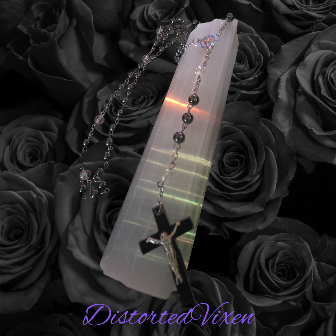 Black hematite Rosary Necklace – Crucifix Pendant, Gothic Cross Jewelry, Beaded Prayer Necklace