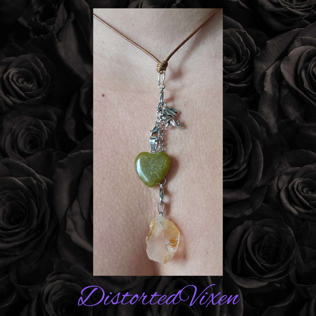 Green Aventurine & Citrine Dragon Charm Convertible Necklace | Adjustable Cord