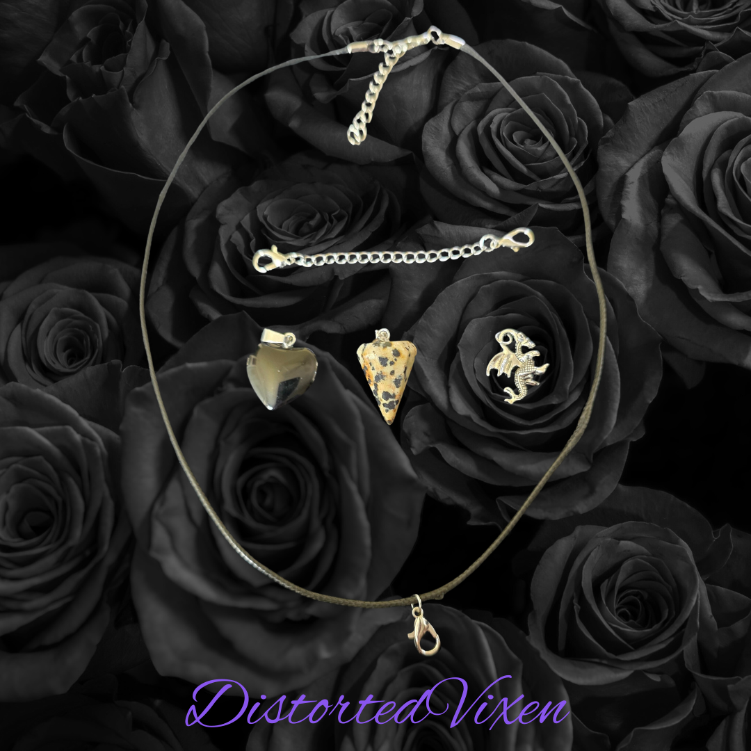 Obsidian Heart Necklace • Dalmatian Jasper Pendulum • Dragon Charm Jewelry