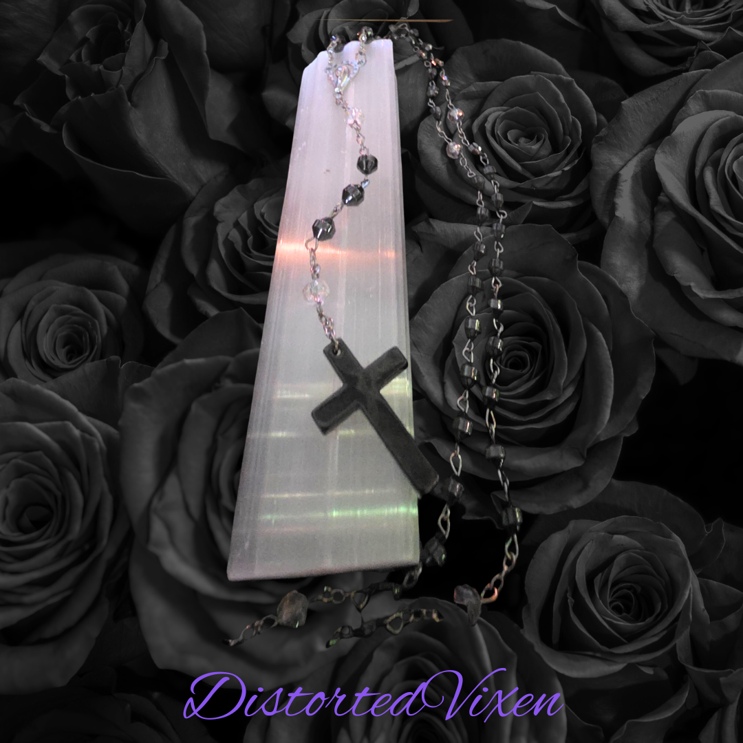 Black Hematite Rosary Necklace – Minimalist Cross, Gothic Prayer Beads, Grounding Jewelry
