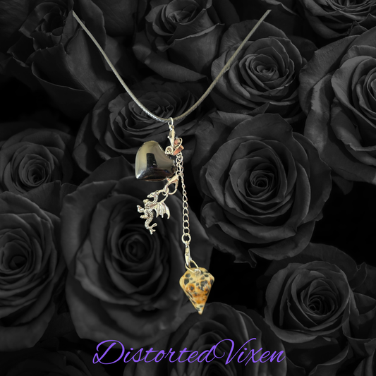 Obsidian Heart Necklace • Dalmatian Jasper Pendulum • Dragon Charm Jewelry