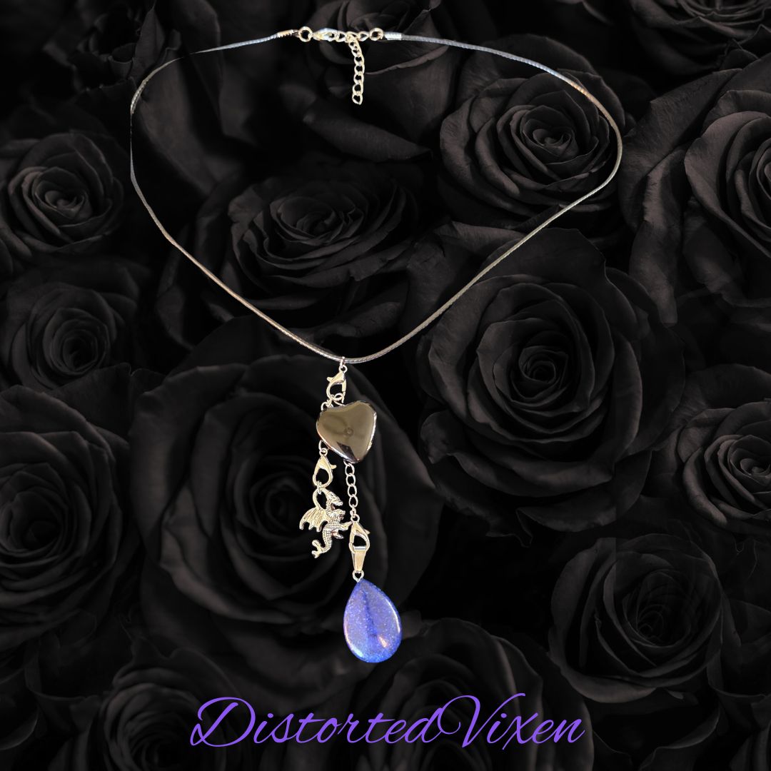 Black Obsidian & Lapis Lazuli Dragon Charm Convertible Necklace | Adjustable Cord |