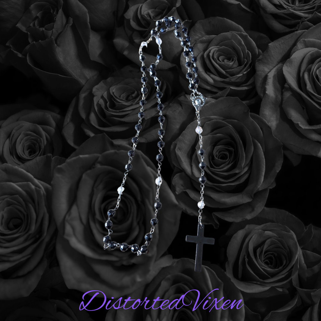 Black Hematite Rosary Necklace – Minimalist Cross, Gothic Prayer Beads, Grounding Jewelry