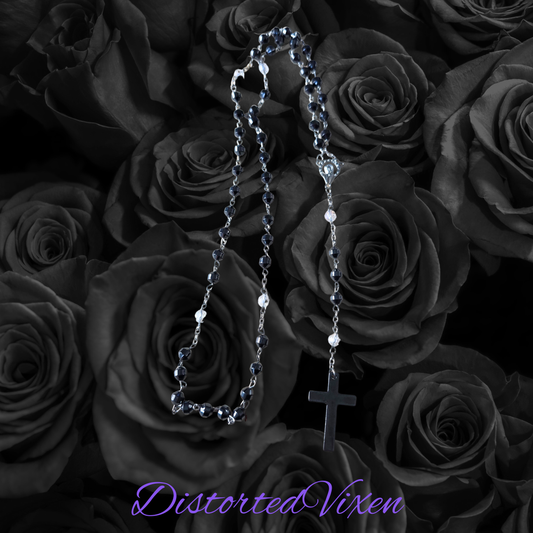 Black Hematite Rosary Necklace – Minimalist Cross, Gothic Prayer Beads, Grounding Jewelry