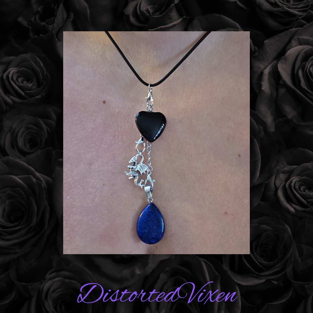 Black Obsidian & Lapis Lazuli Dragon Charm Convertible Necklace | Adjustable Cord |