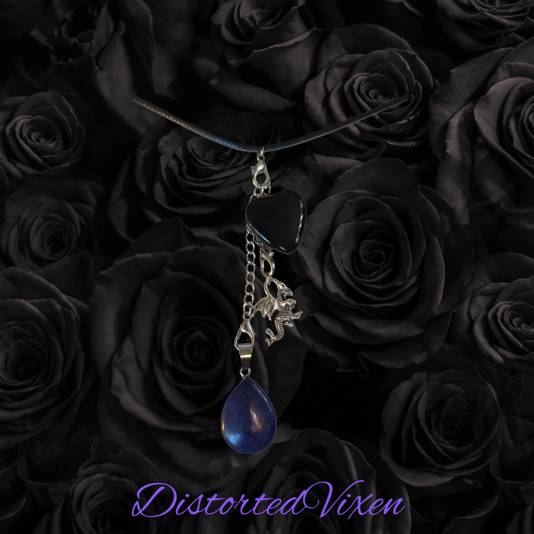 Black Obsidian & Lapis Lazuli Dragon Charm Convertible Necklace | Adjustable Cord |