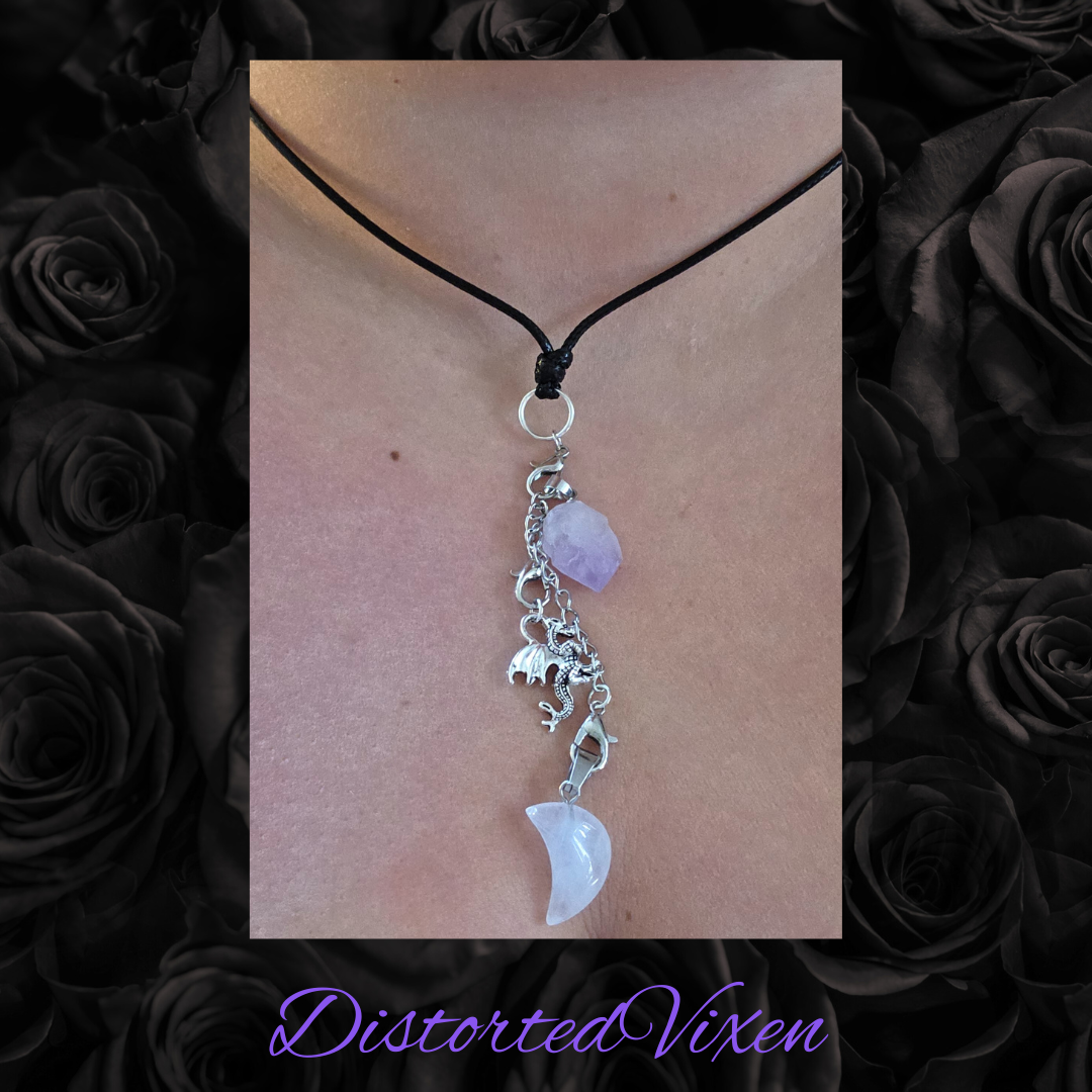 Amethyst & Quartz Moon Dragon Necklace | Adjustable Waxed Cord