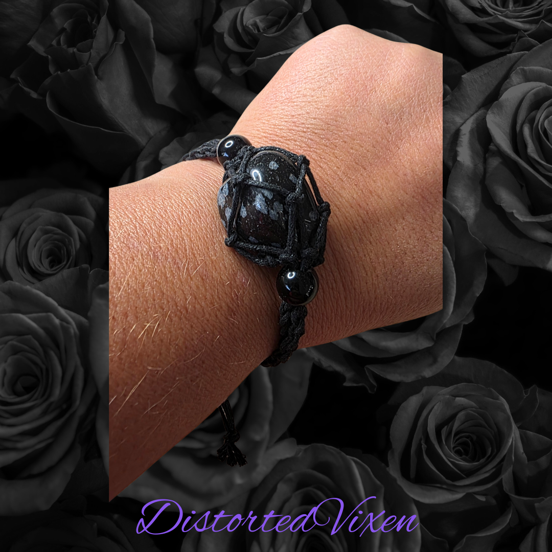 Snowflake Obsidian Macrame Bracelet – Adjustable & Interchangeable