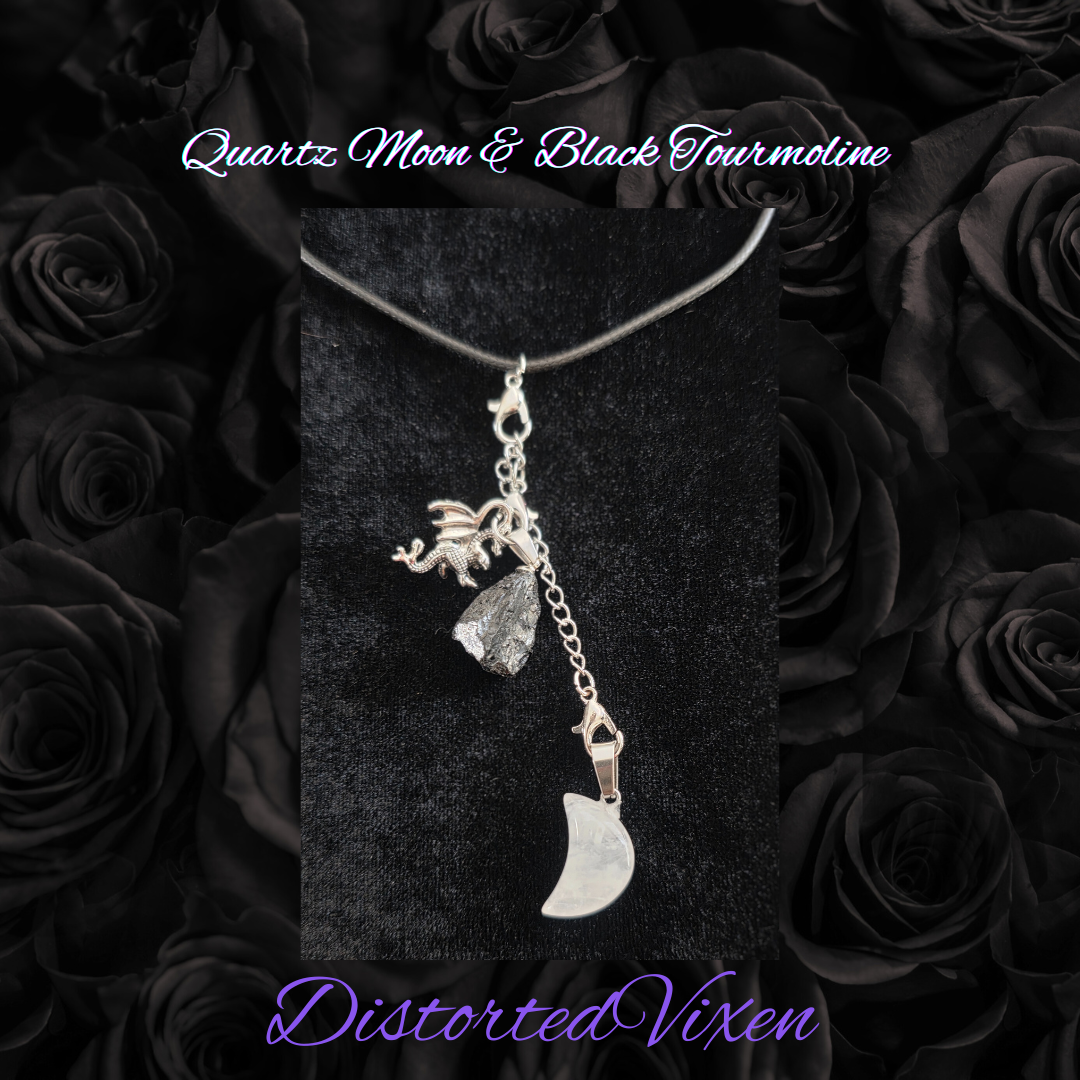 Quartz Moon & Black Tourmaline Necklace | Adjustable Crystal Jewelry by Distorted Vixen