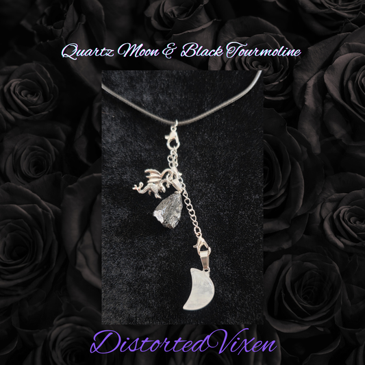 Quartz Moon & Black Tourmaline Necklace | Adjustable Crystal Jewelry by Distorted Vixen