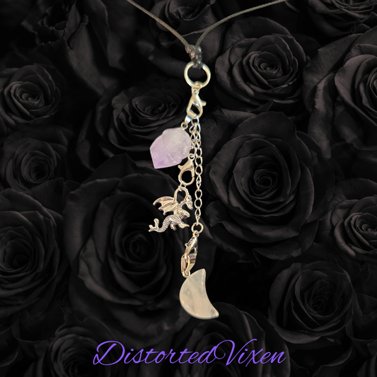 Amethyst & Quartz Moon Dragon Necklace | Adjustable Waxed Cord