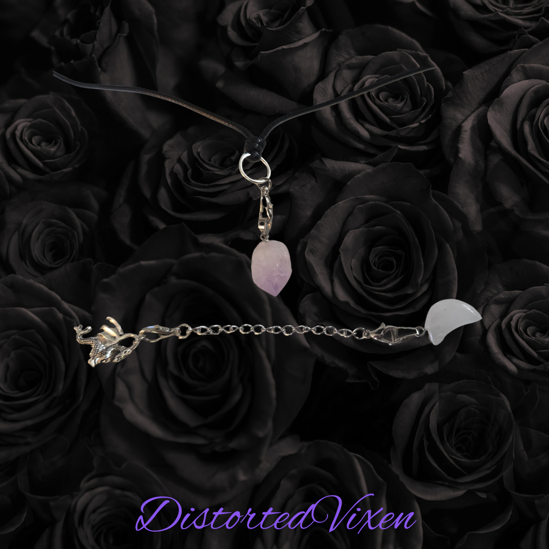 Amethyst & Quartz Moon Dragon Necklace | Adjustable Waxed Cord