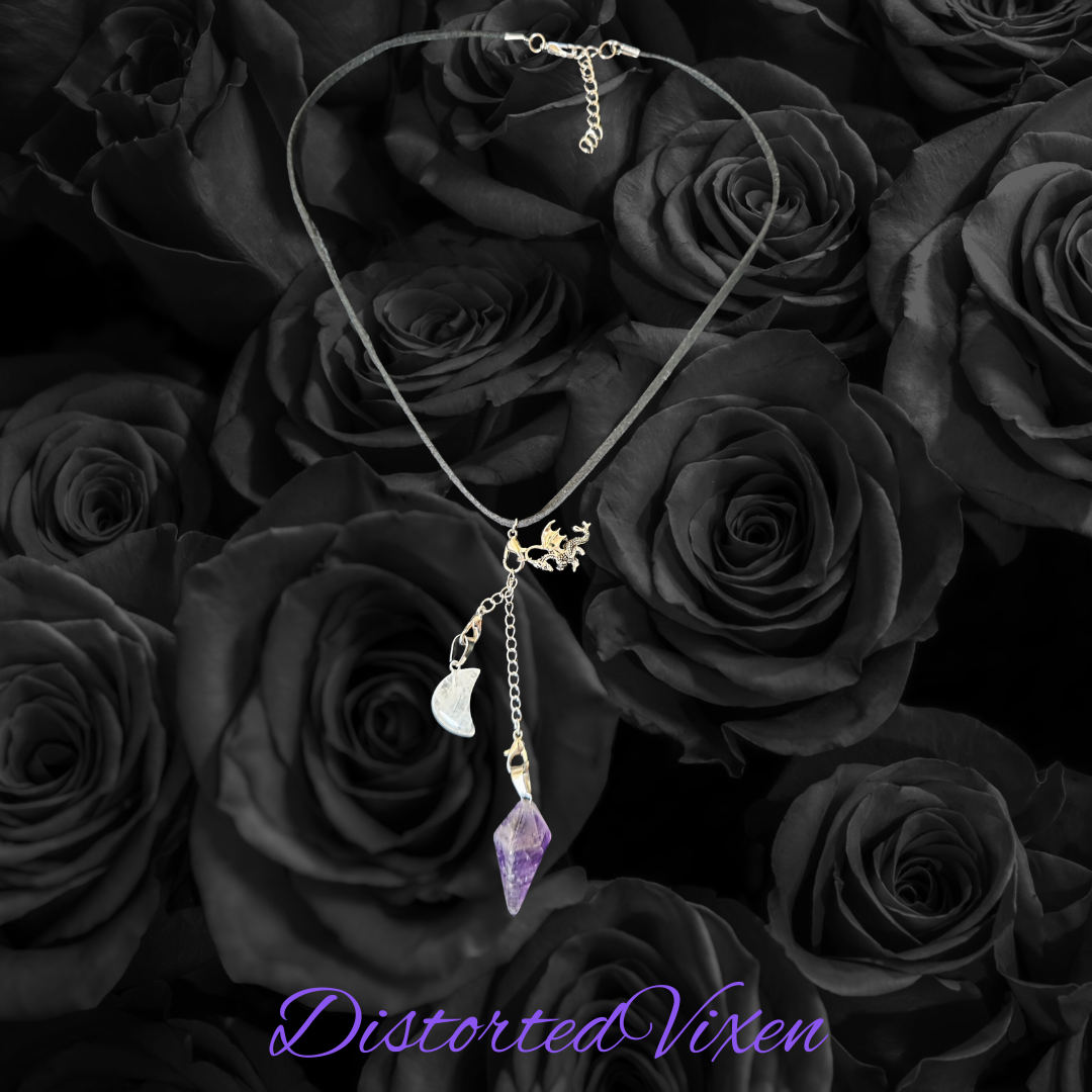 Dragon Amethyst Pendulum Necklace • Clear Quartz Moon • Witch Divination Jewelry • Crystal Dowsing Tool