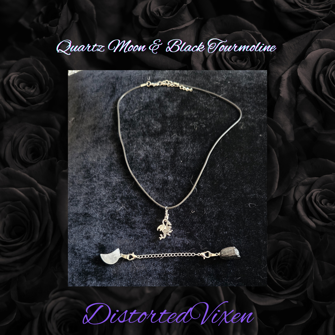 Quartz Moon & Black Tourmaline Necklace | Adjustable Crystal Jewelry by Distorted Vixen