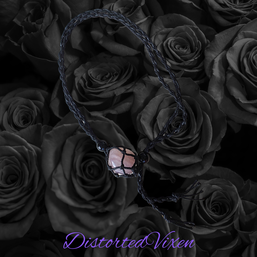 Rose Quartz Macramé Necklace – Adjustable Crystal Pendant, Witchy Handmade Jewelry