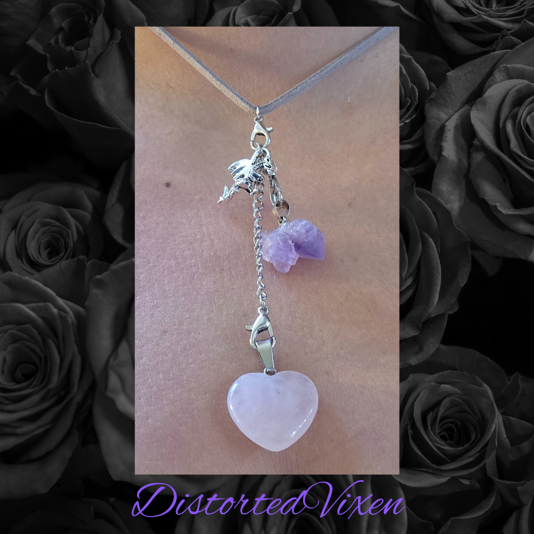 Rose Quartz & Amethyst Dragon Necklace, Adjustable Gray Cord, Interchangeable Charms, Layered Healing Jewelry