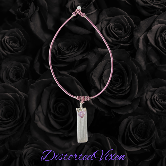 Amethyst & Selenite Necklace | Mauve Cord Choker | Crystal Healing Jewelry | Spiritual Protection Necklace