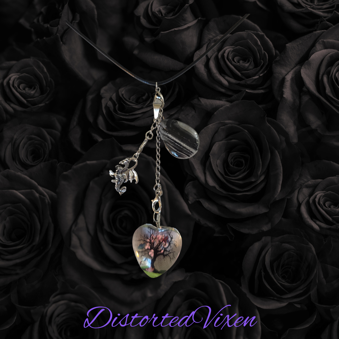 Tree of Life Dragon Necklace – Resin Heart & Black Glass Teardrop Pendant, Adjustable Cord Layering Jewelry