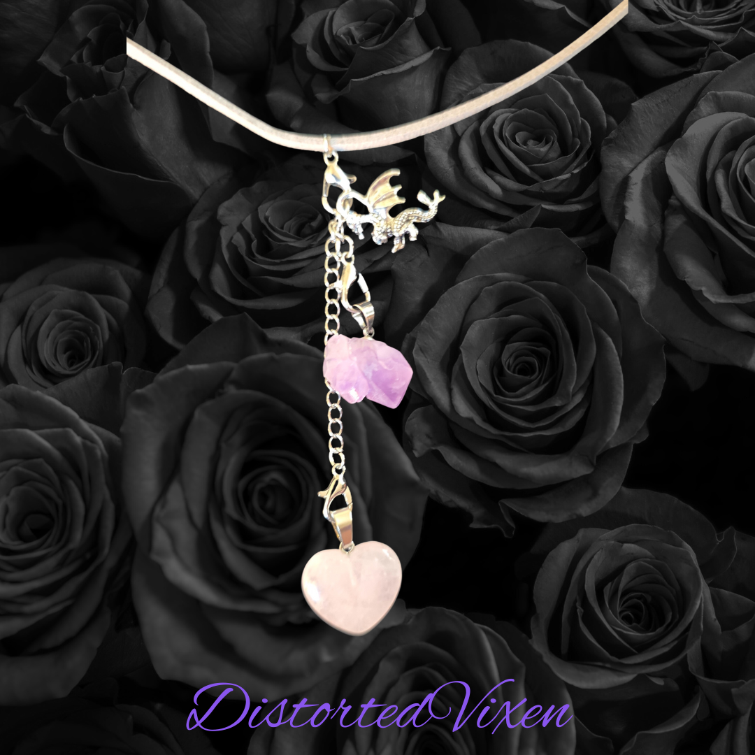 Rose Quartz & Amethyst Dragon Necklace, Adjustable Gray Cord, Interchangeable Charms, Layered Healing Jewelry