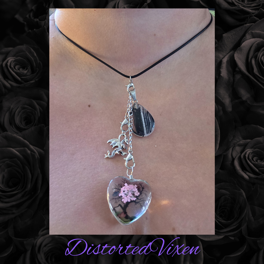 Tree of Life Dragon Necklace – Resin Heart & Black Glass Teardrop Pendant, Adjustable Cord Layering Jewelry