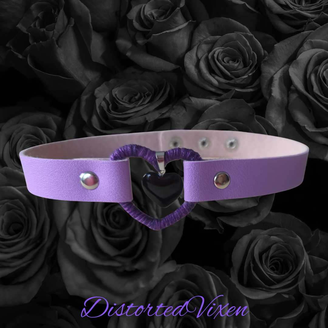 Black Obsidian Heart Choker – Purple Wrapped Heart Gothic Choker Necklace