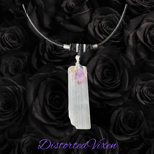 Amethyst & Selenite Energy Cleansing Necklace | Raw Crystal Pendant on Black Cord | Spiritual Protection & Calm Energy Jewelry