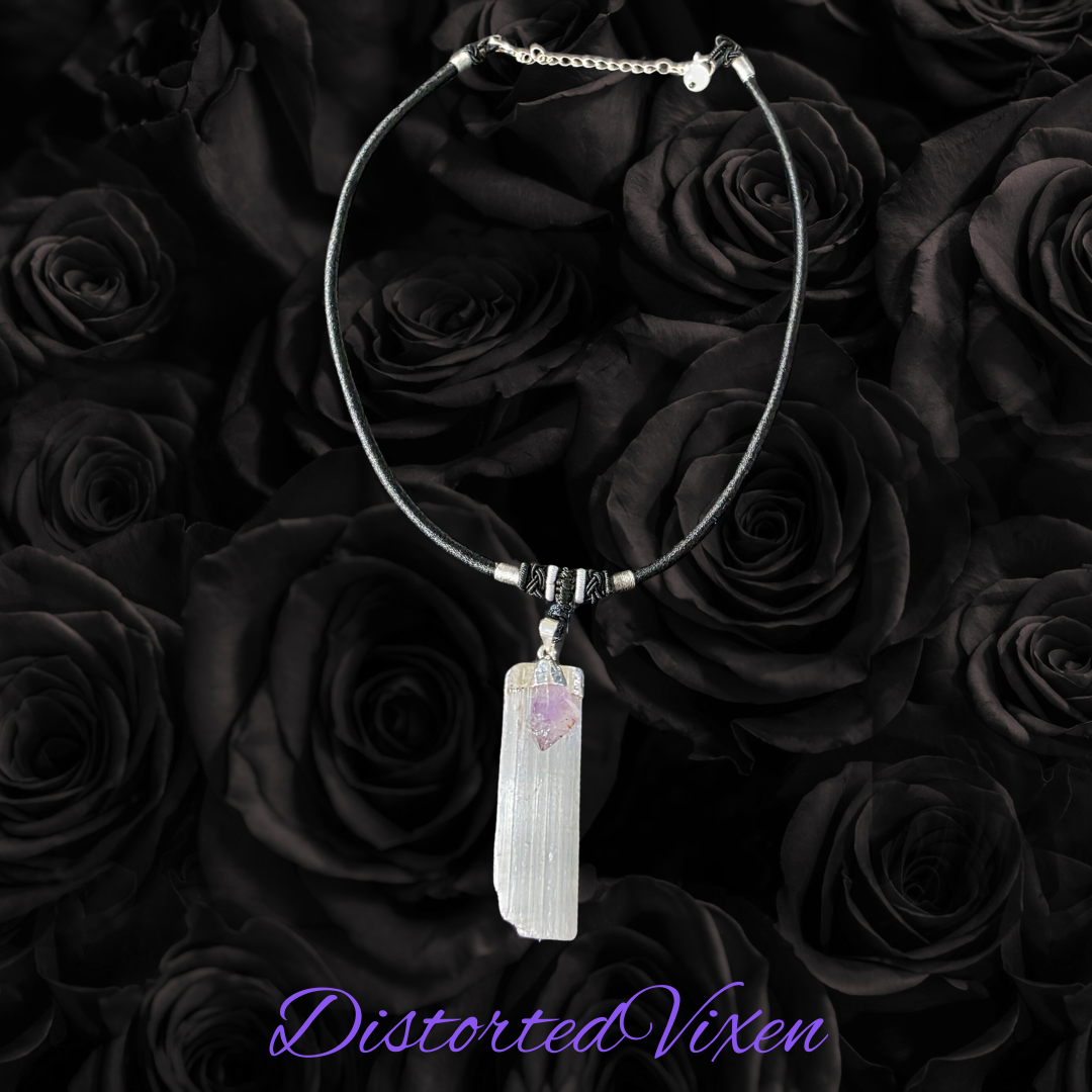 Amethyst & Selenite Energy Cleansing Necklace | Raw Crystal Pendant on Black Cord | Spiritual Protection & Calm Energy Jewelry