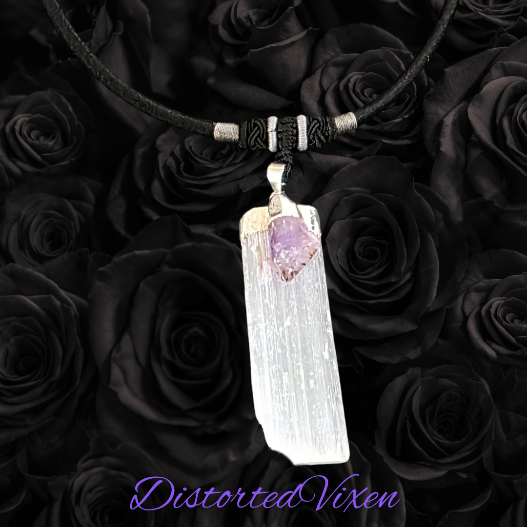 Amethyst & Selenite Energy Cleansing Necklace | Raw Crystal Pendant on Black Cord | Spiritual Protection & Calm Energy Jewelry