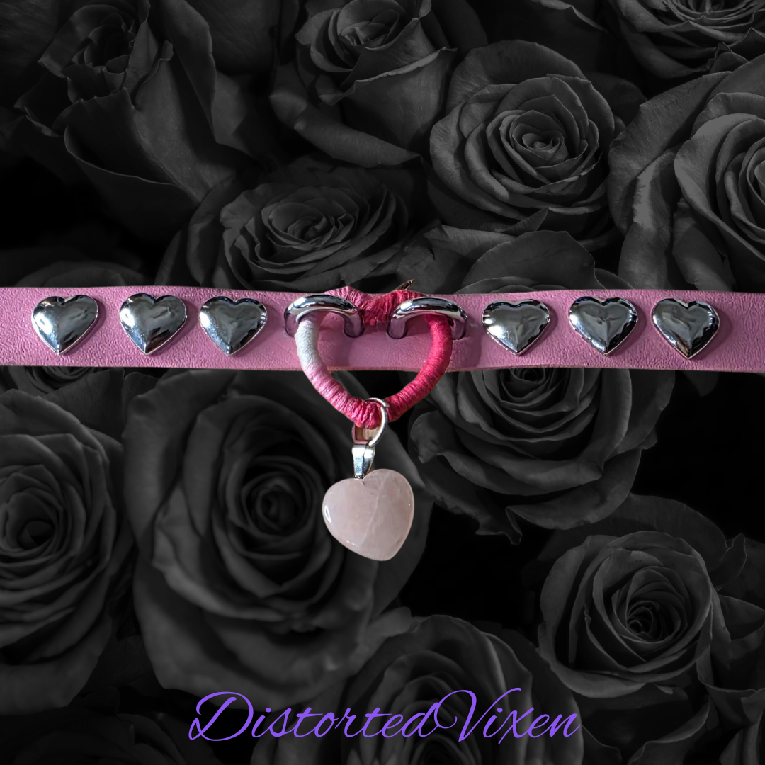 Pink Wrapped Heart Choker – Rose Quartz Charm Collar, Studded Gothic Necklace
