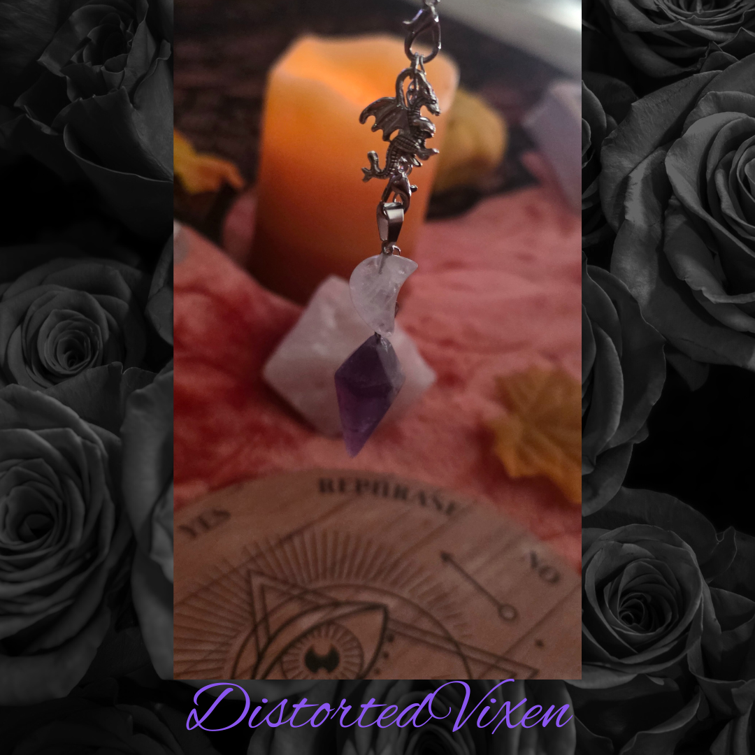 Dragon Amethyst Pendulum Necklace • Clear Quartz Moon • Witch Divination Jewelry • Crystal Dowsing Tool