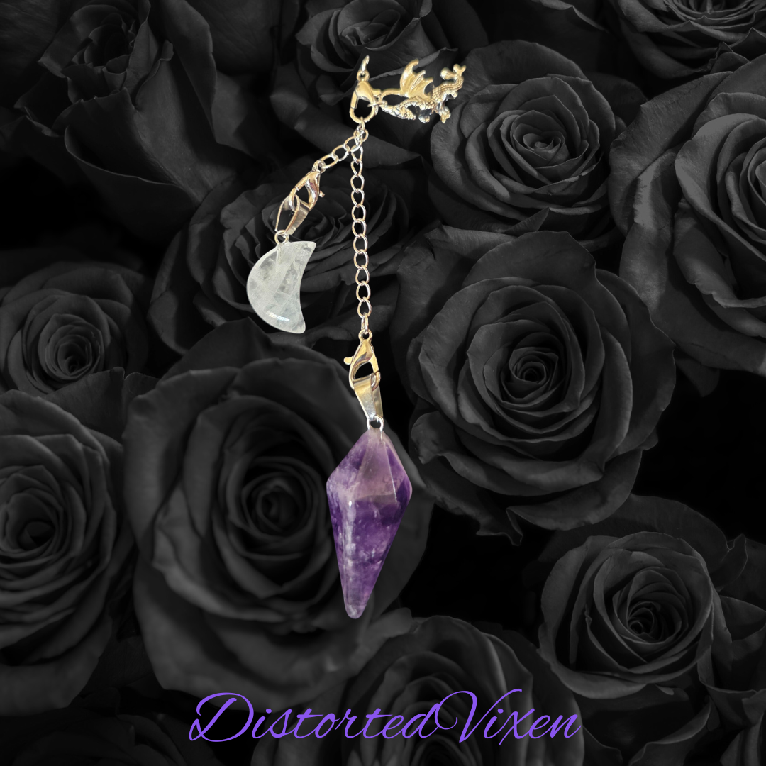 Dragon Amethyst Pendulum Necklace • Clear Quartz Moon • Witch Divination Jewelry • Crystal Dowsing Tool