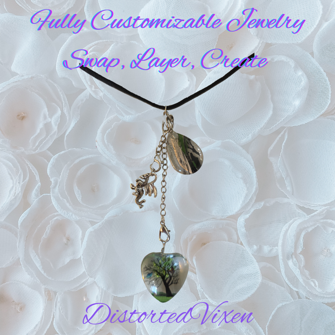 Tree of Life Dragon Necklace – Resin Heart & Black Glass Teardrop Pendant, Adjustable Cord Layering Jewelry