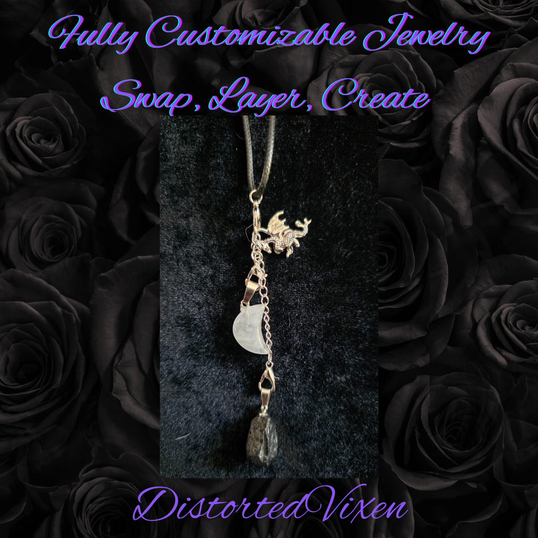 Quartz Moon & Black Tourmaline Necklace | Adjustable Crystal Jewelry by Distorted Vixen